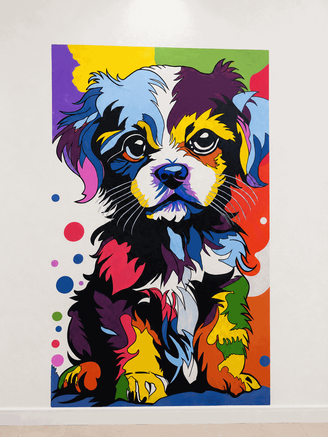 Vibrant pop-art puppy mural in bold colours