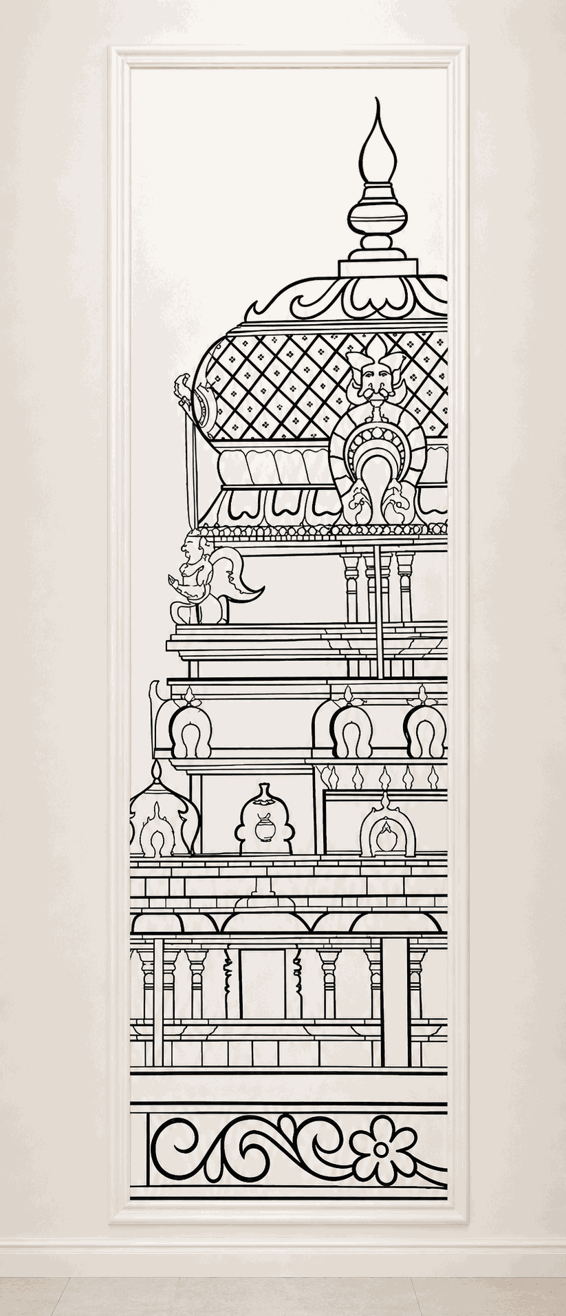 Intricate temple architectural illustration mural