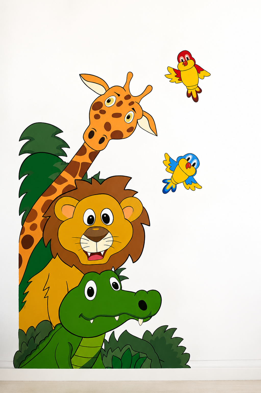 Jungle friends wall mural with a giraffe, lion, crocodile and birds for a kids room