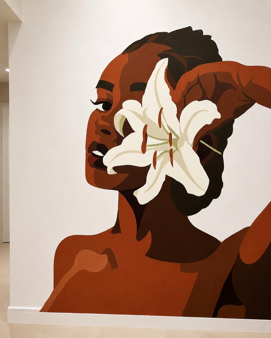 Modern mural with a serene portrait and lily flower