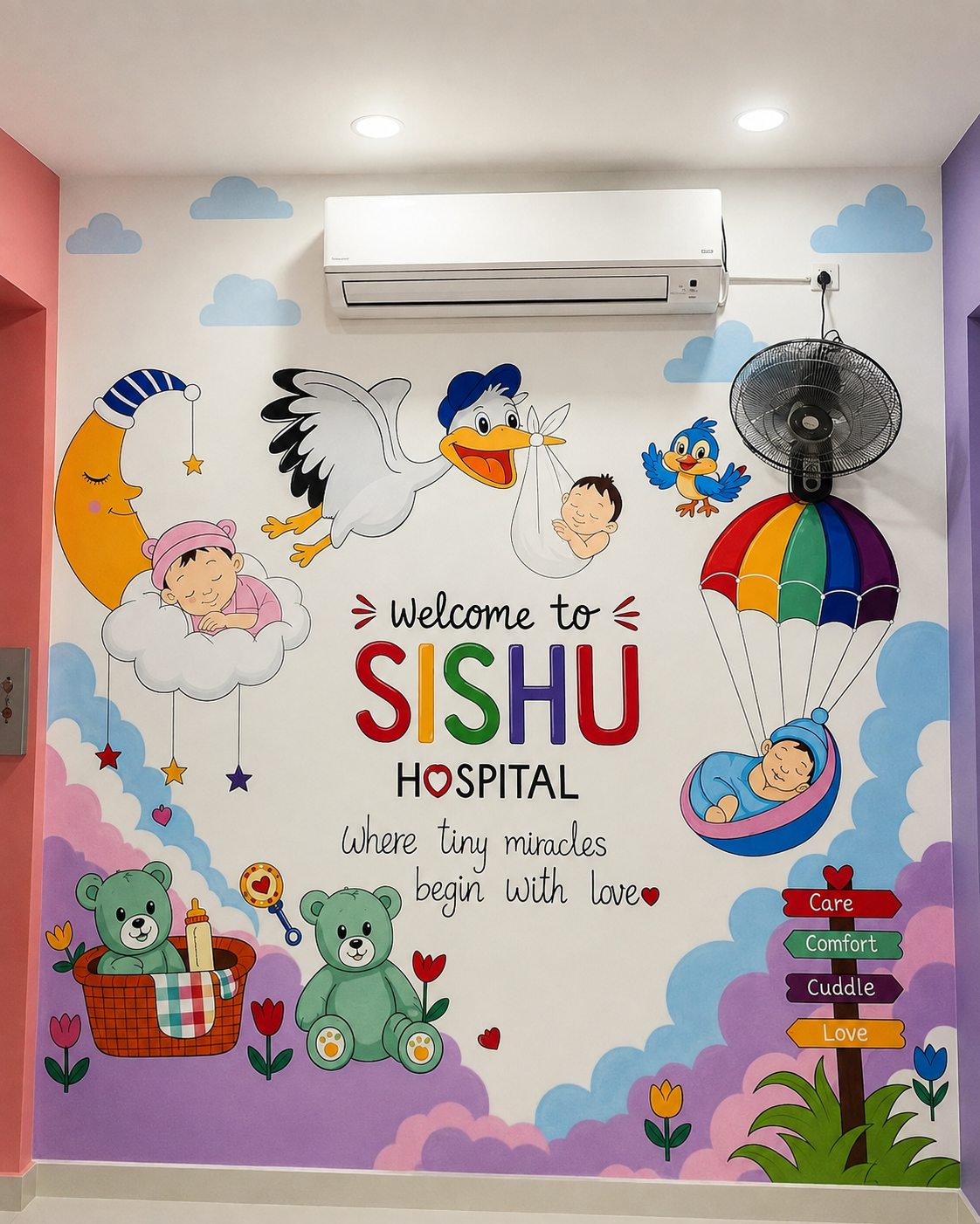 Detailed newborn-themed reception mural at SISHU Hospital