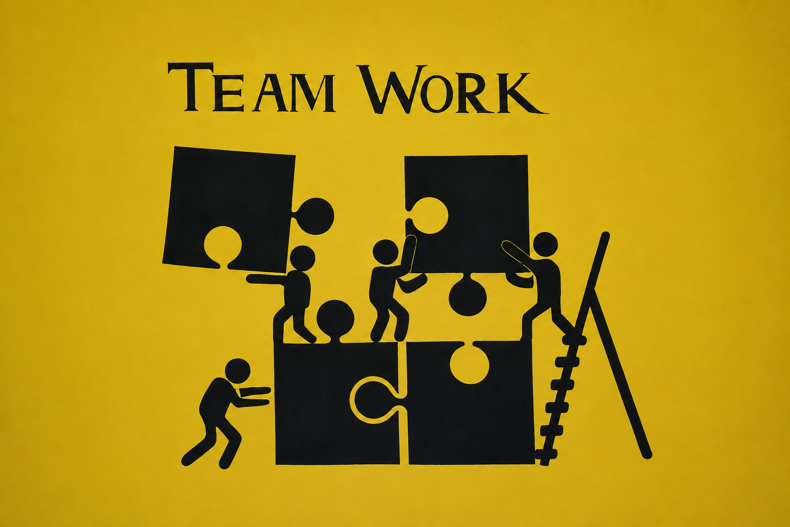 Yellow and black teamwork wall mural featuring people assembling puzzle pieces