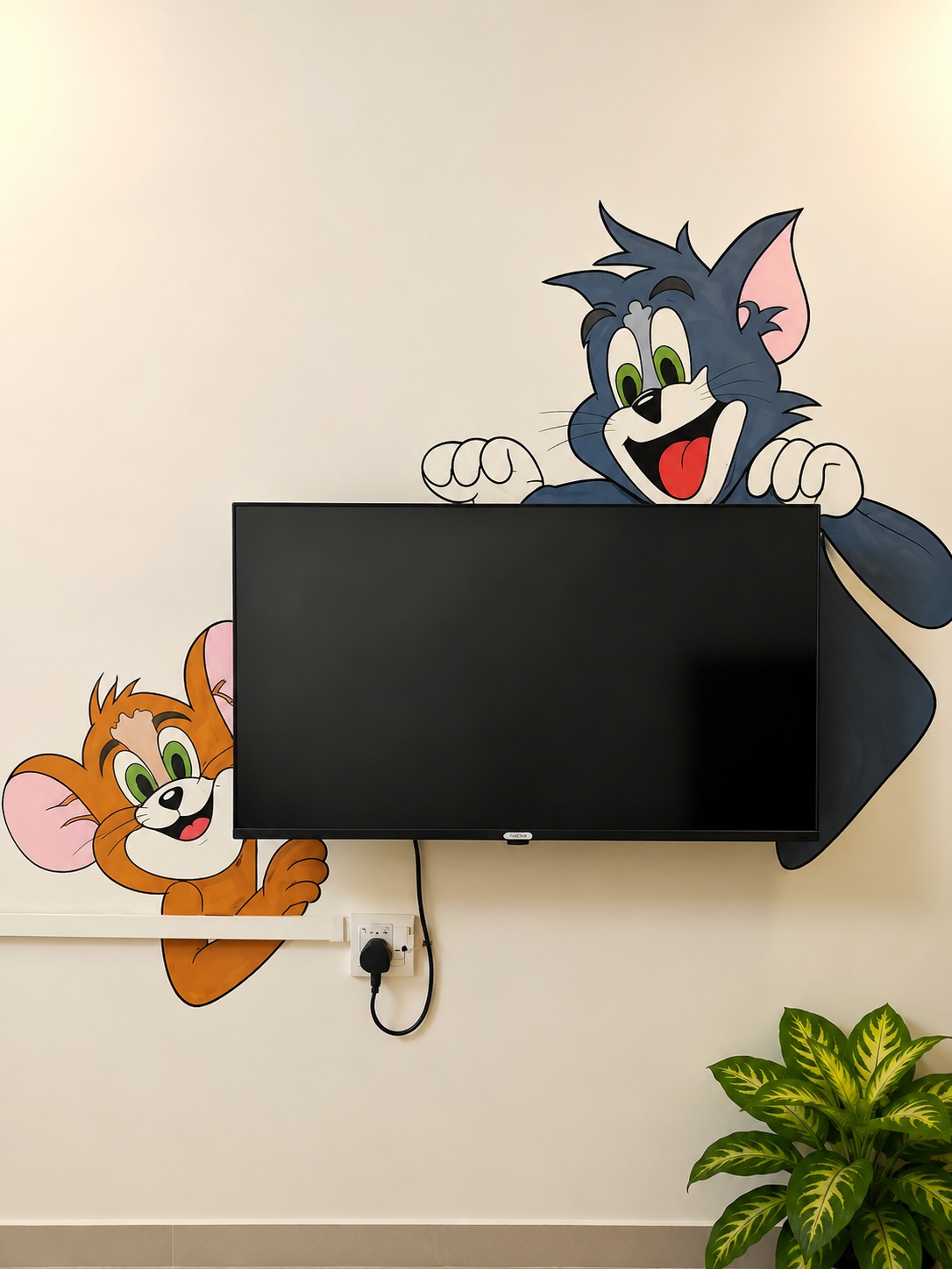 Playful cat mural with a tropical TV scene
