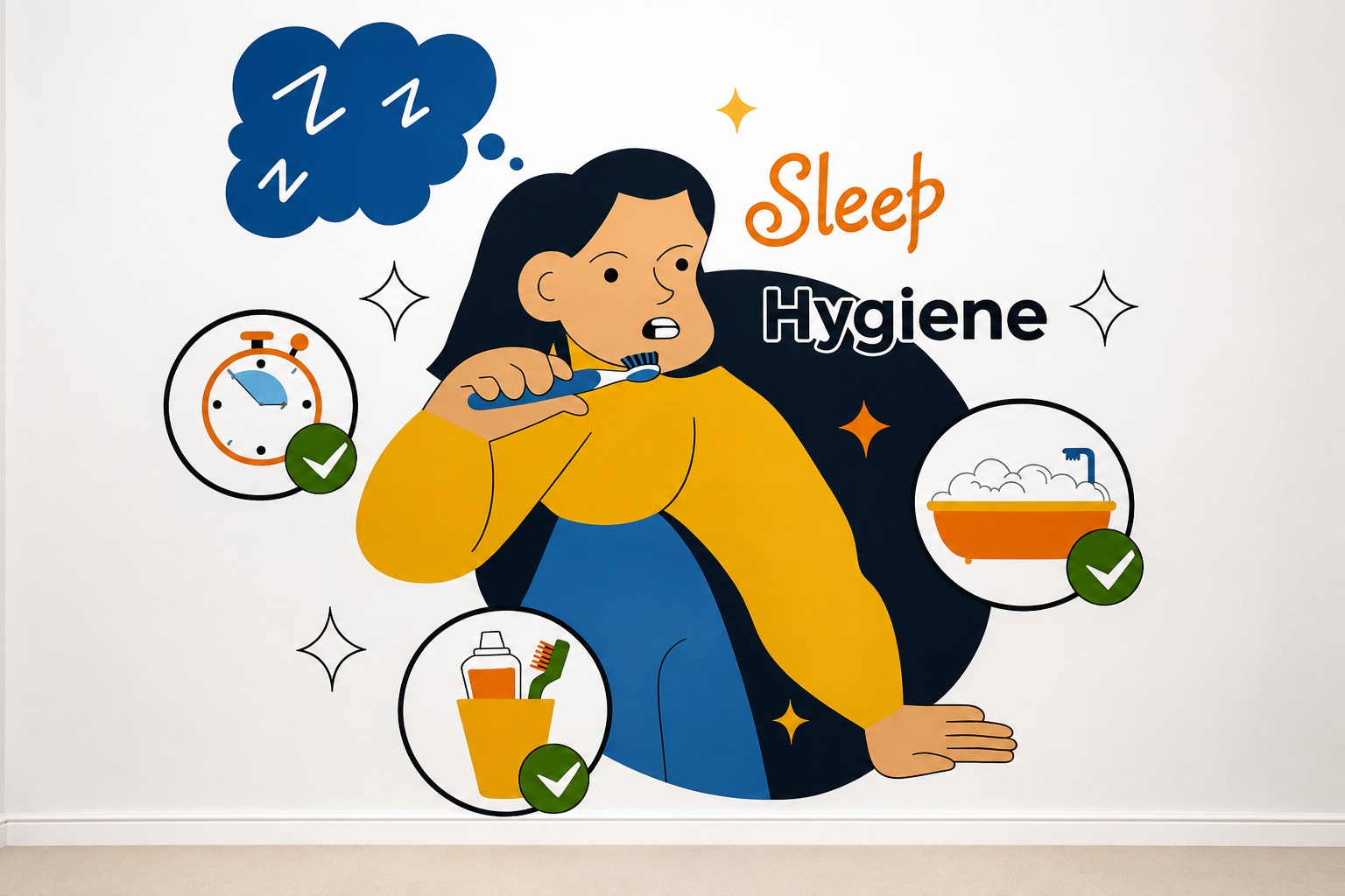 Illustrated sleep hygiene poster with calming bedtime tips