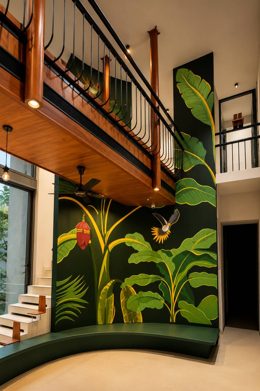 Tropical mural in a modern lobby with lush greenery and vibrant foliage